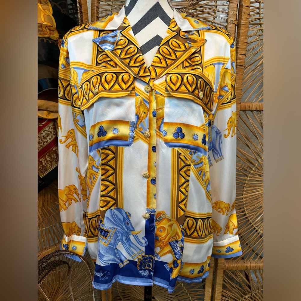 Vintage NWT 1980s Paolo Santini retro geo print silk blouse